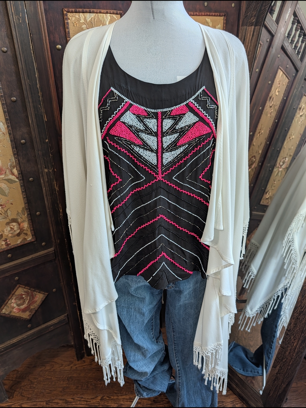 White Cotton Blend Boho Embroidered Fringe Poncho Shrug Tunic Kimono Shawl